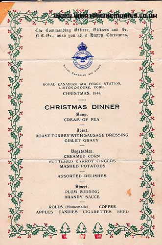 Christmas dinner Menu, 1944, Linton-on-Ouse